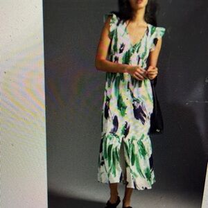 Anthropologie Green and White Floral Midi Dress